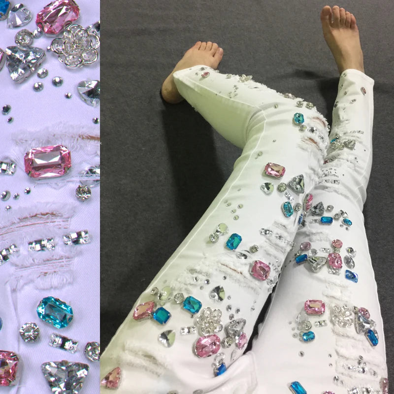 Bead Diamond Ripped Jeans Femme Pants Stretch Jeans Hole Elastic Skinny Jeans Woman Pencil Pants White Jeans Female