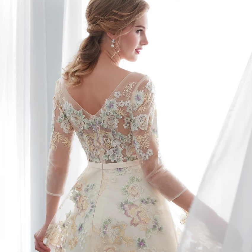 Floral Prom Dresses Lace 3/4 Sleeves A-line Champagne Belt Empire Waist Long Evening Gowns Vestido De Formatura