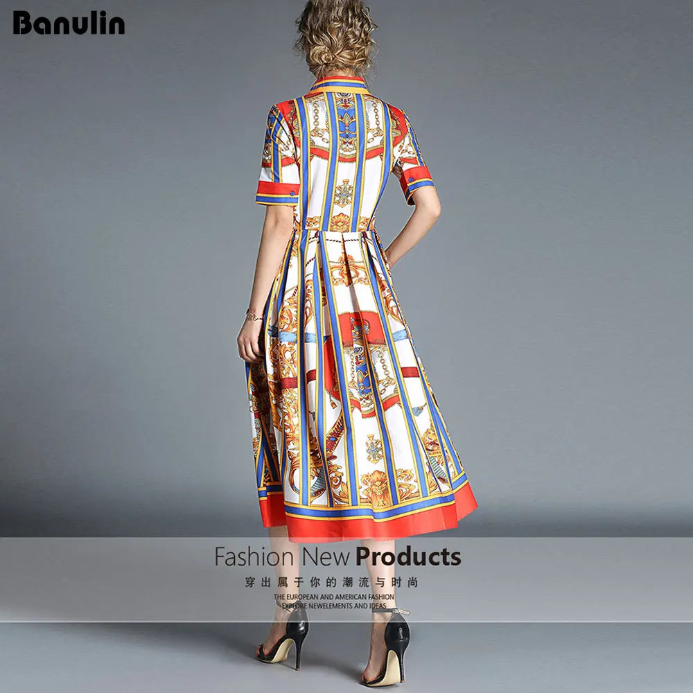 Banulin ALTA QUALIDADE 2020 Mais novo vestido de verão de designer de passarela feminino manga curta gola listrada laço midi vestido