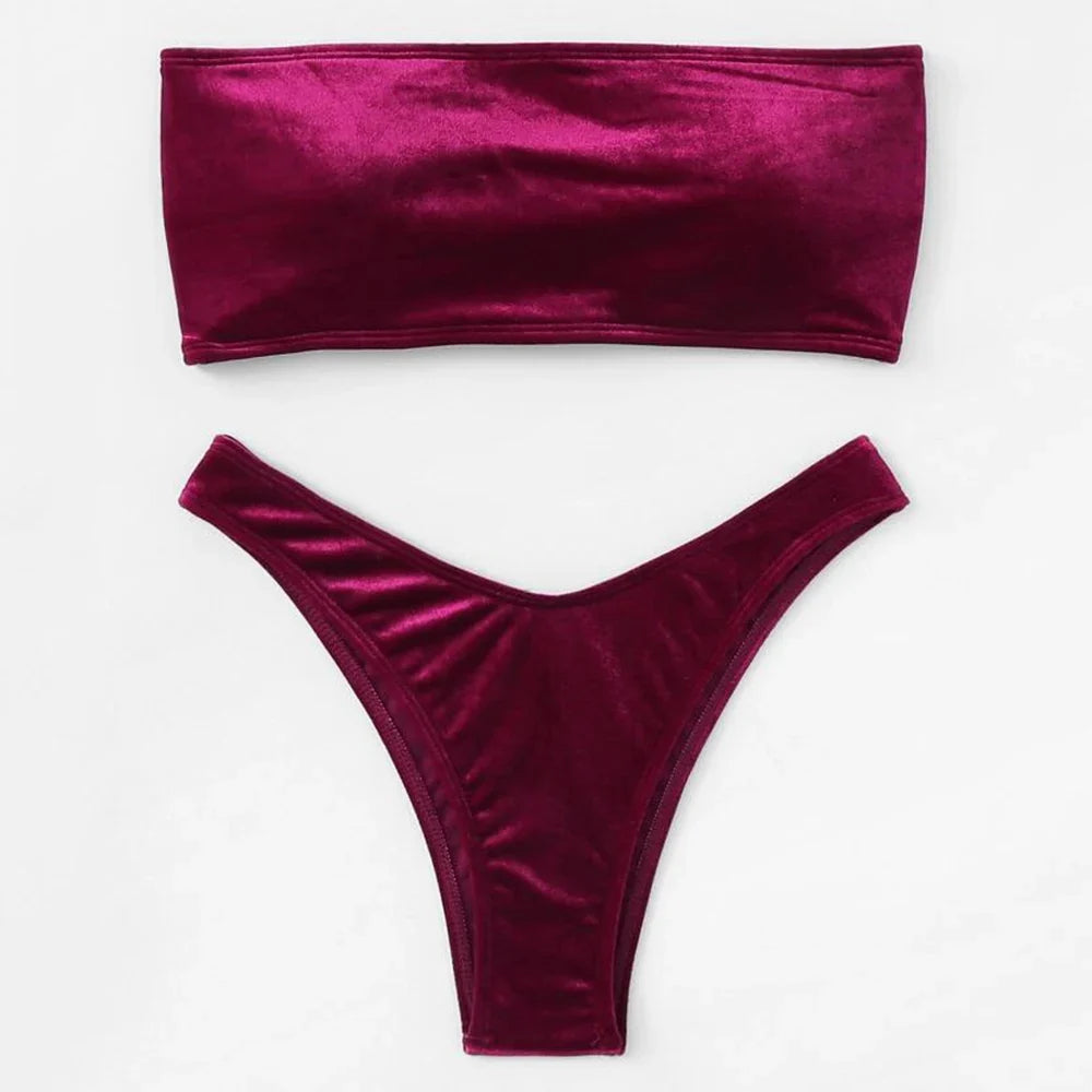 Velvet Bikinis 2023 Women Brazilian Bandeau Swimsuit Solid Sexy Swimwear Female Beachwear Bathers Bathing Swimming Swim Suit Wine