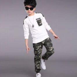 Children Clothing Sets For Boys Camouflage Sports Suits Spring Kids Tracksuits 2021 Teenage Boys Sportswear 4 6 8 9 10 12 Years WHITE