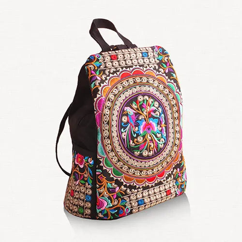 Vintage Artistic Embroidered Women Canvas Backpacks Handmade Floral Embroidery Rucksack Schoolbag Denim Travel Bags Red