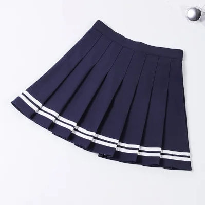 Students School Preppy High Waist A-Line Girls Two Striped Stitching Sailor Pleated Skirt Dance Zipper Skirt royal blue