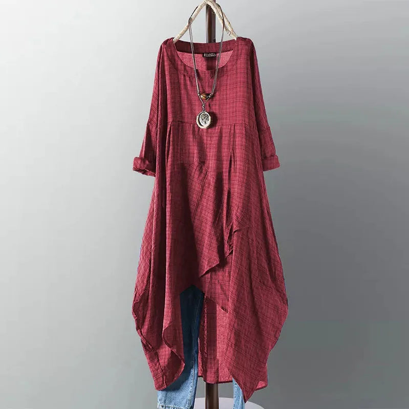 Asymmetrical Midi Dress Womens Check Dress Female Long Sleeve Plaid Vestidos Summer Sundress Casual Shirt Robe Wine Red