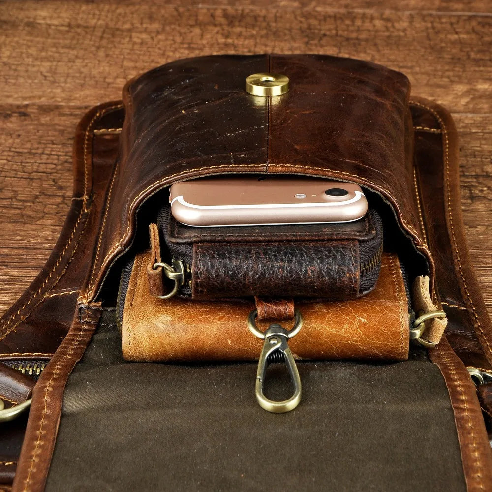 Original Leather Multifunction Men Travel Shoulder Crossbody Messenger Bag Hook Belt Waist Pack Drop Leg Phone Case Bag