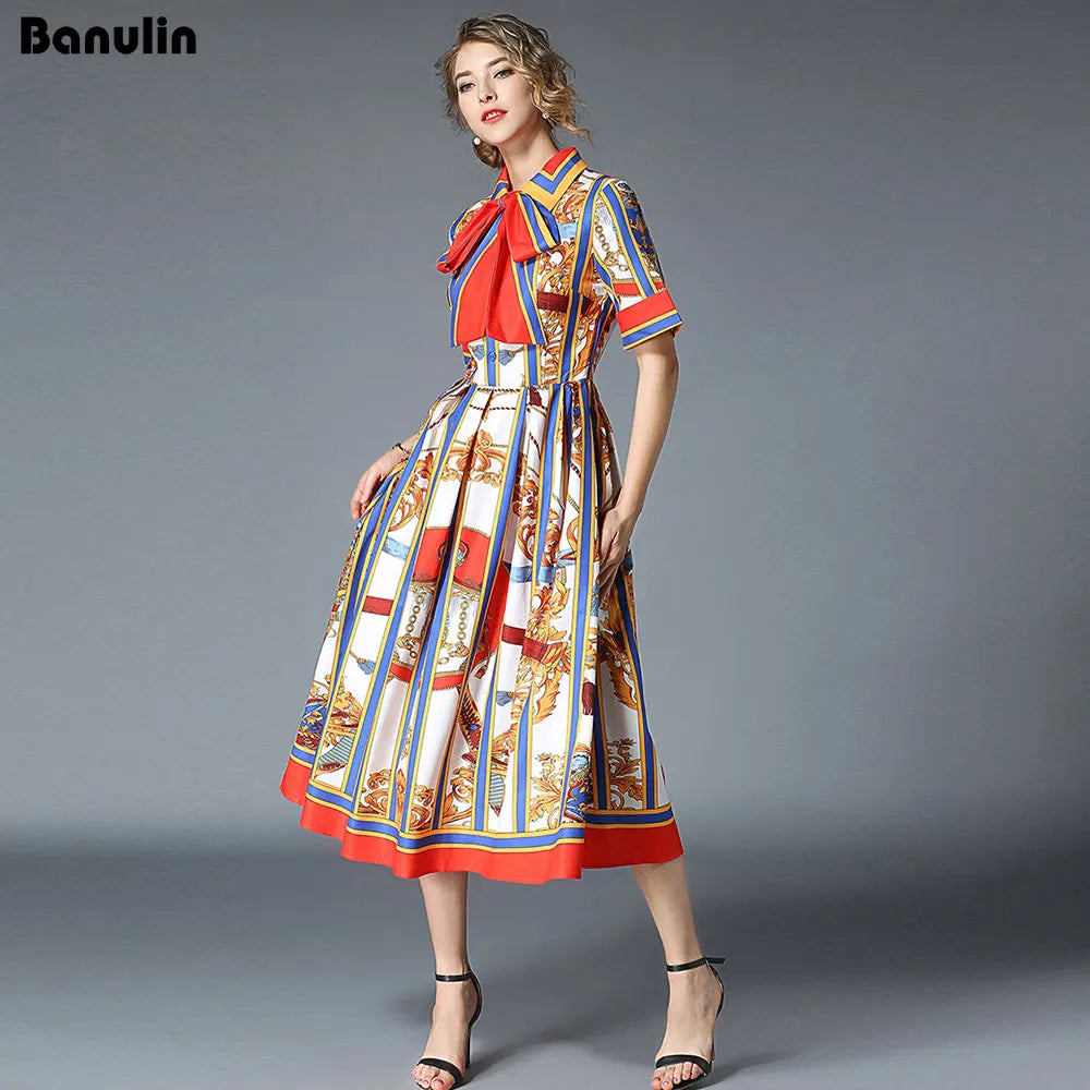Banulin ALTA QUALIDADE 2020 Mais novo vestido de verão de designer de passarela feminino manga curta gola listrada laço midi vestido