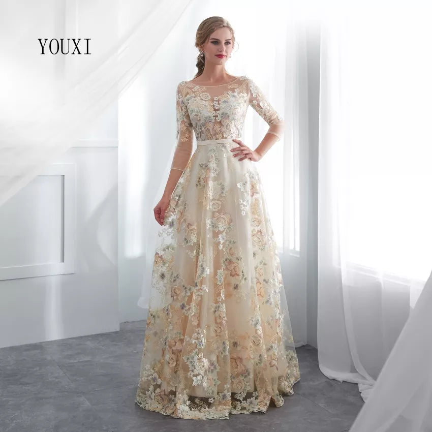 Floral Prom Dresses Lace 3/4 Sleeves A-line Champagne Belt Empire Waist Long Evening Gowns Vestido De Formatura