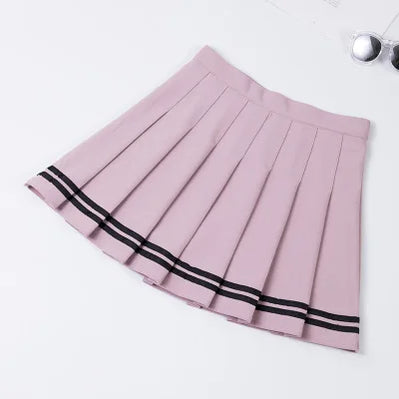 Students School Preppy High Waist A-Line Girls Two Striped Stitching Sailor Pleated Skirt Dance Zipper Skirt