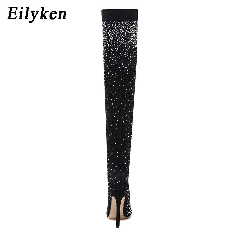 Design Fashion Pointed Toe Bling Over Knee Boots Crystal Long Women Thigh High Heel Sexy Club Sock Botas Mujer