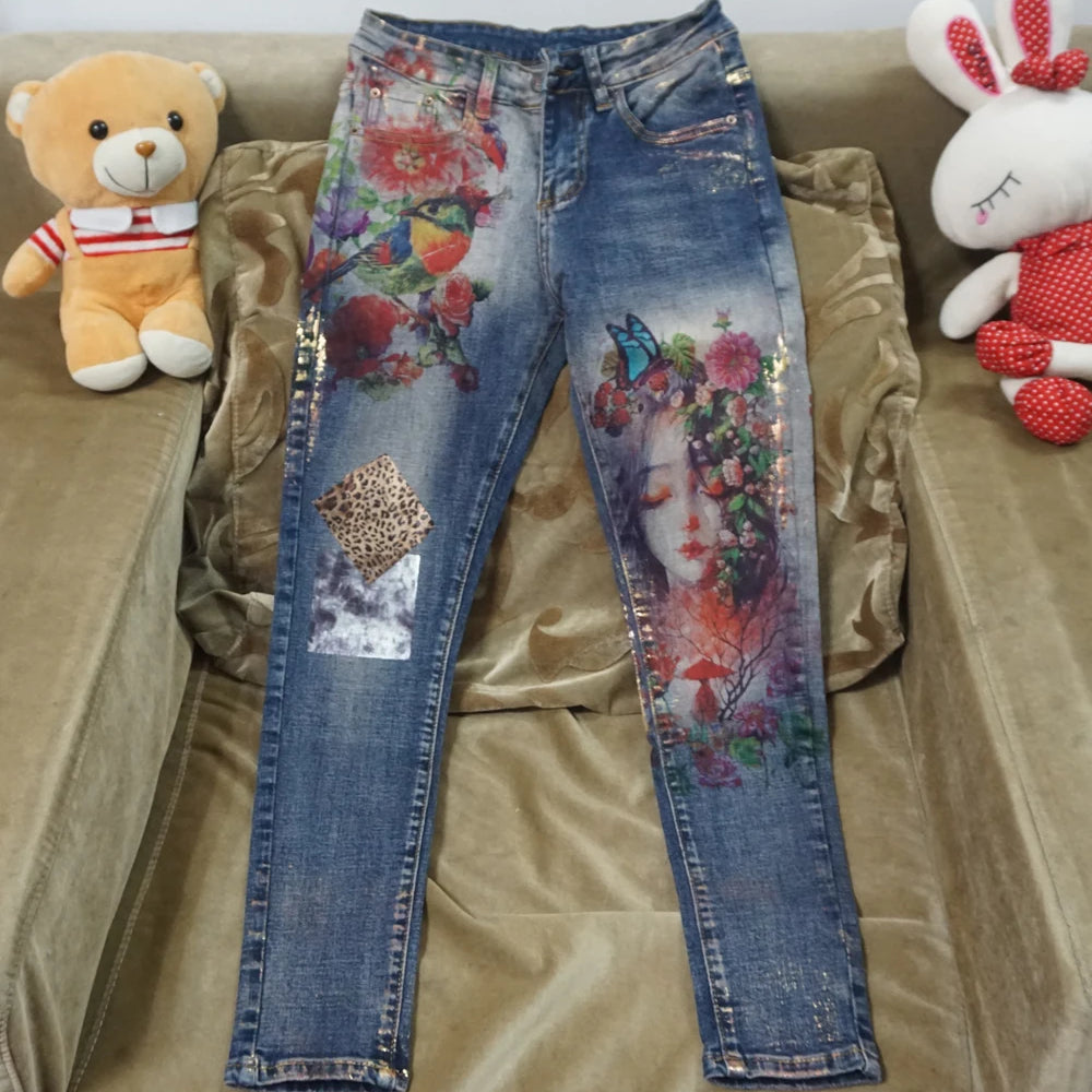 3D Stretchy Jeans With 3D Flowers Pattern Painted Pencil Pants Woman Elegant Style Denim Pants Trousers For Women Jeans