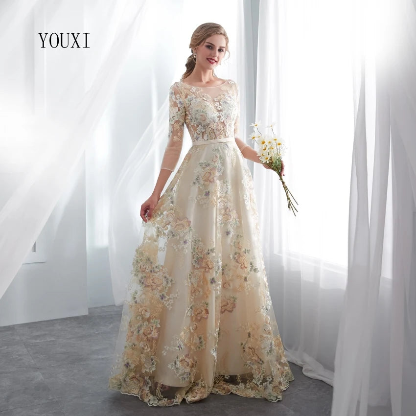 Floral Prom Dresses Lace 3/4 Sleeves A-line Champagne Belt Empire Waist Long Evening Gowns Vestido De Formatura