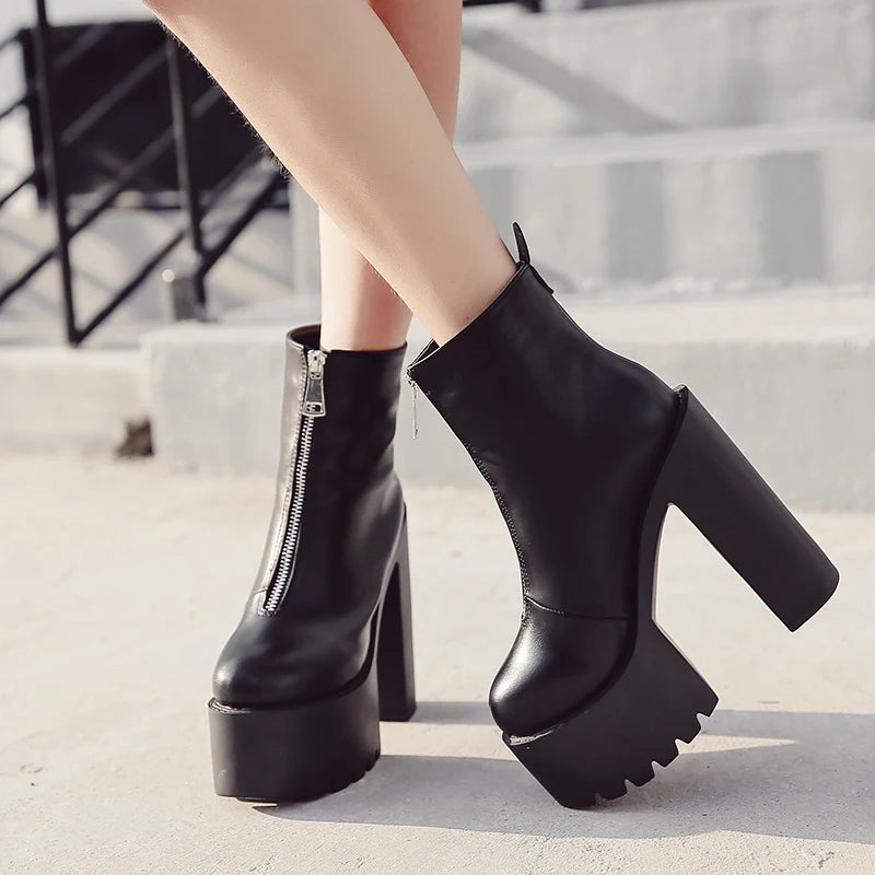Fashion Autumn Women Ankle Boots Leather Black Female High Heels Shoes Ultra High Platform Heels Round Toe Lady Shoe