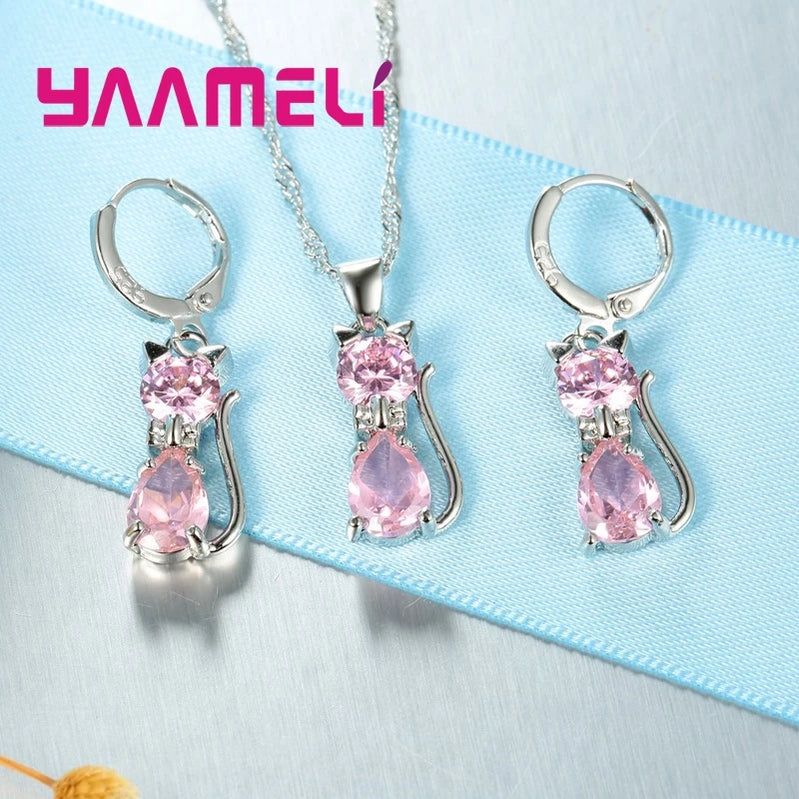 925 Sterling Silver Color Jewelry Sets for Woman Girls Shining Austrian Crystal Cute Cat Pendant Necklace Huggie Earring