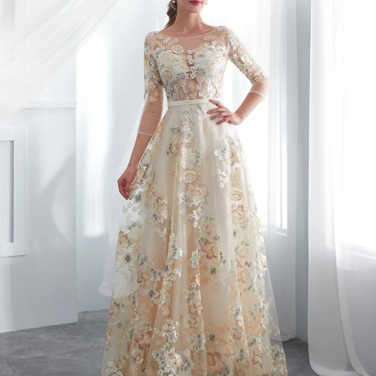 Floral Prom Dresses Lace 3/4 Sleeves A-line Champagne Belt Empire Waist Long Evening Gowns Vestido De Formatura Champagne