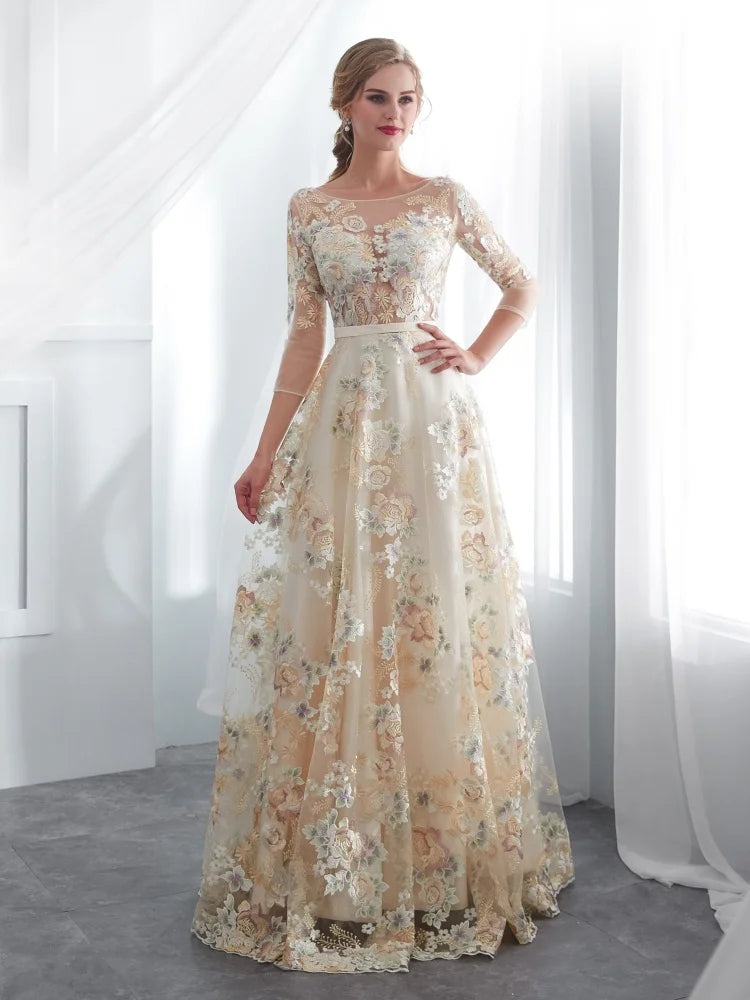 Floral Prom Dresses Lace 3/4 Sleeves A-line Champagne Belt Empire Waist Long Evening Gowns Vestido De Formatura Champagne