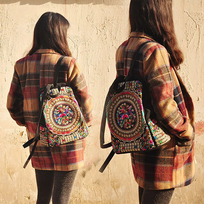 Vintage Artistic Embroidered Women Canvas Backpacks Handmade Floral Embroidery Rucksack Schoolbag Denim Travel Bags
