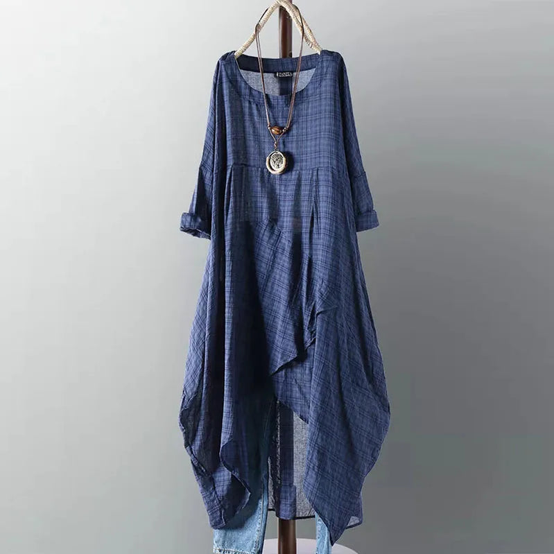 Asymmetrical Midi Dress Womens Check Dress Female Long Sleeve Plaid Vestidos Summer Sundress Casual Shirt Robe Dark Blue