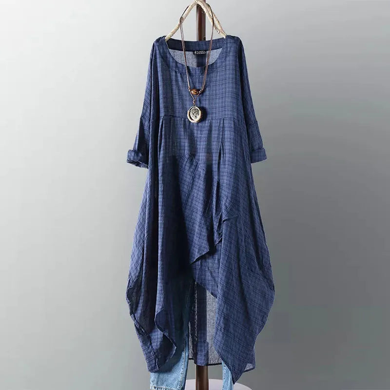 Asymmetrical Midi Dress Womens Check Dress Female Long Sleeve Plaid Vestidos Summer Sundress Casual Shirt Robe Dark Blue