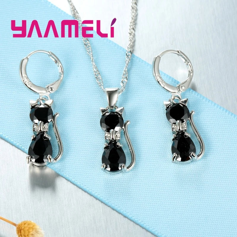 925 Sterling Silver Color Jewelry Sets for Woman Girls Shining Austrian Crystal Cute Cat Pendant Necklace Huggie Earring