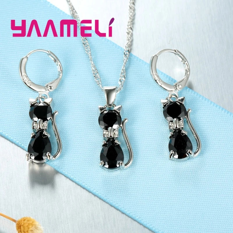925 Sterling Silver Color Jewelry Sets for Woman Girls Shining Austrian Crystal Cute Cat Pendant Necklace Huggie Earring