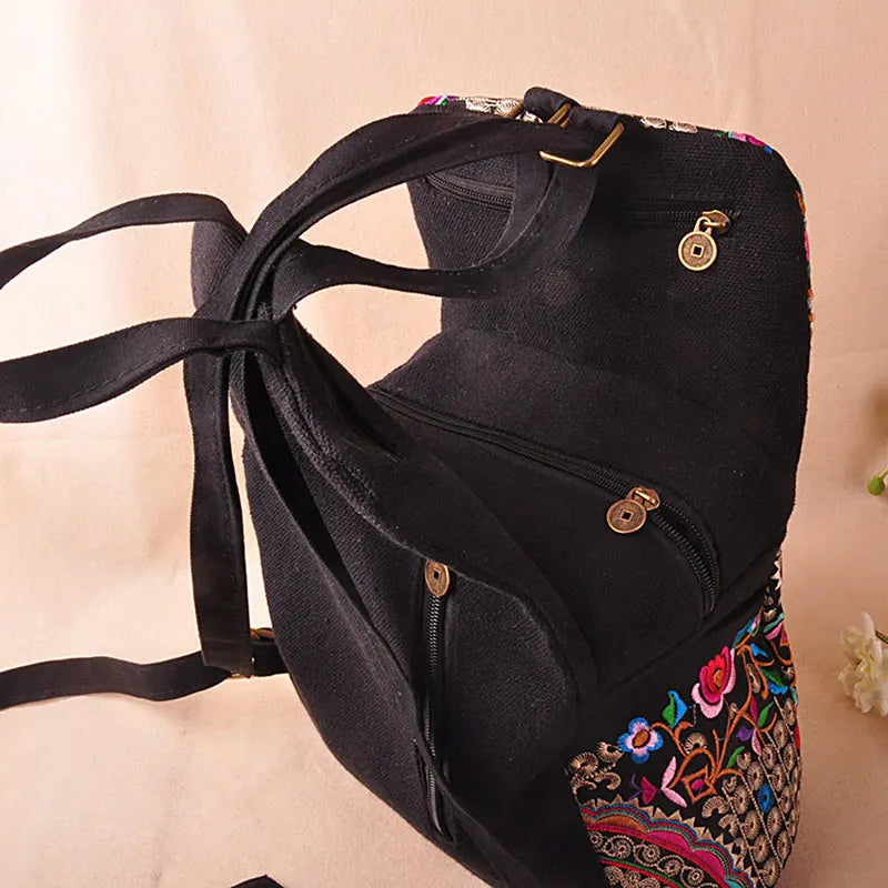 Vintage Artistic Embroidered Women Canvas Backpacks Handmade Floral Embroidery Rucksack Schoolbag Denim Travel Bags