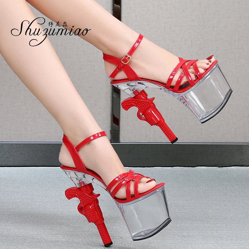 Fashion Super High Heels 17cm Women Shoes Platform Sandals Pistol Heel Red Wedding Shoes Female Model Show Sandal