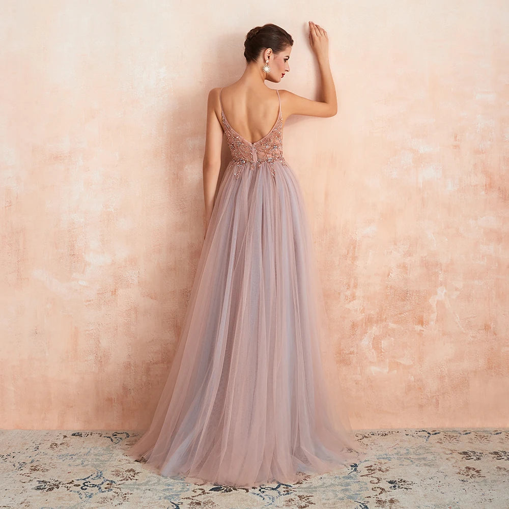 Sexy Spaghetti Straps Evening Dresses V-Neck Rhinestones Beading Formal Prom Gowns with Slit robe de soiree