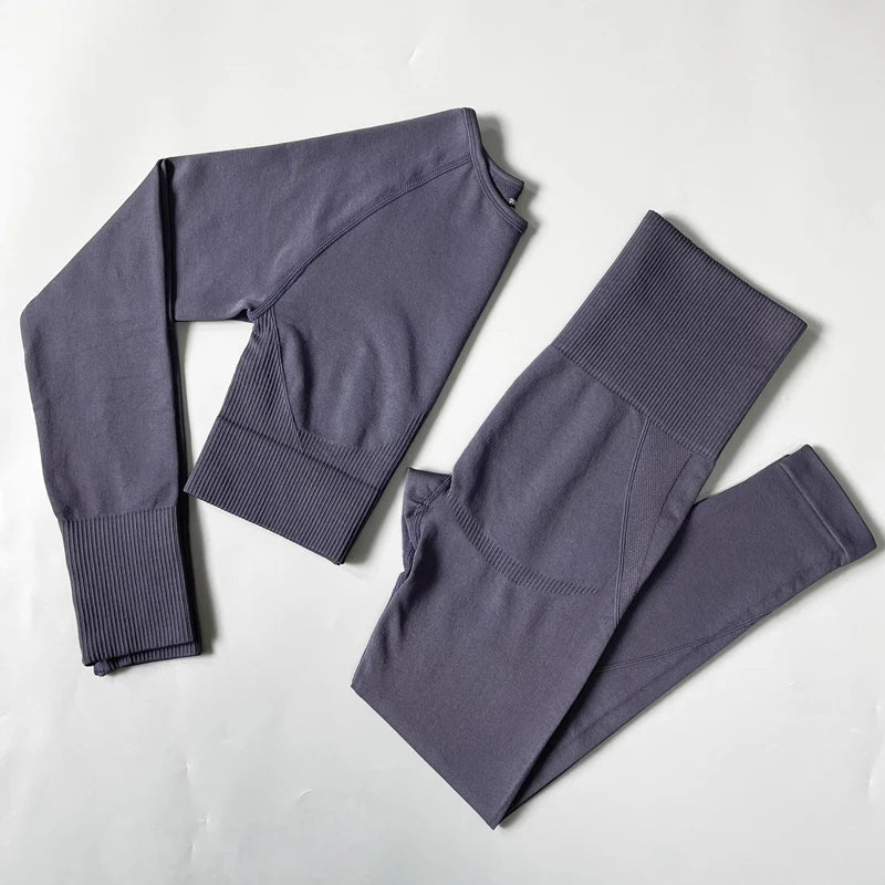 2/3/4PCS Seamless Women Yoga Set Workout Sportswear Gym Clothes Fitness Long Sleeve Crop Top High Waist Leggings Sports Suit Shirts Pants Gray