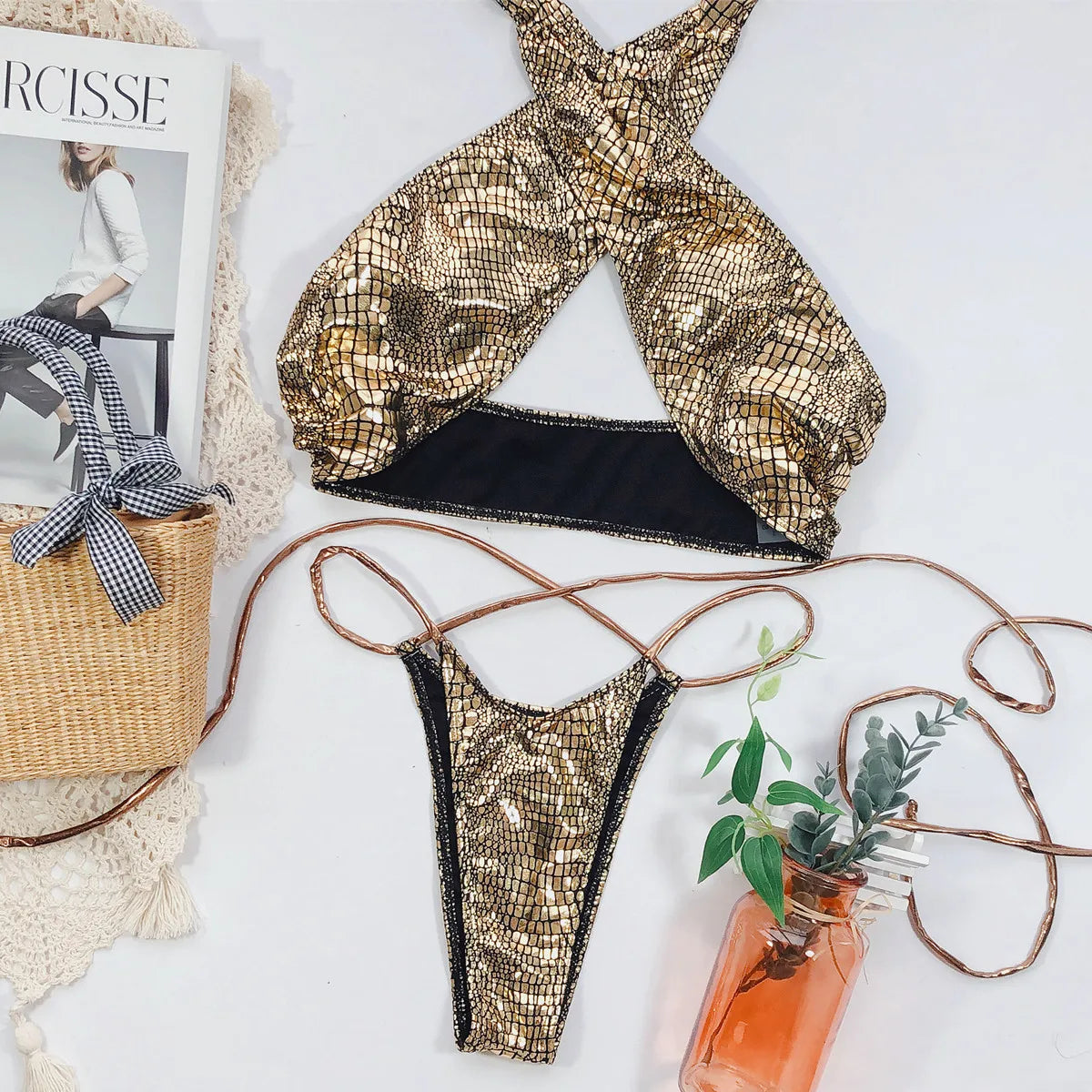 Women Fax Leather Gold Bikini Set Sequined Padded Bra Crease Bandeau Swimsuit Glitter Beach Swimwear Sliver Halter Bathing Suit Gold