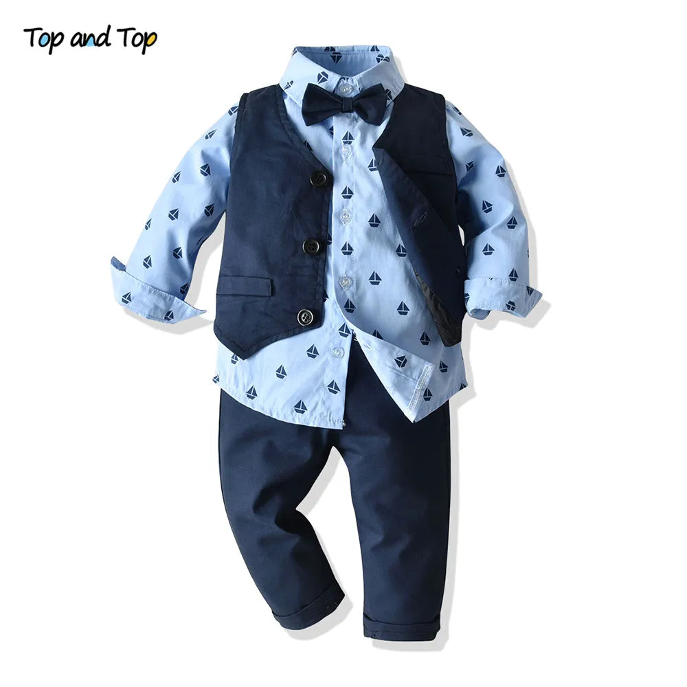 Top and Top Boys Gentleman Clothing Set Cotton Long Sleeve Bowtie Shirt+Waistcoat+Pants 3Pcs Suit Kids Boy Casual Clothes Set Blue