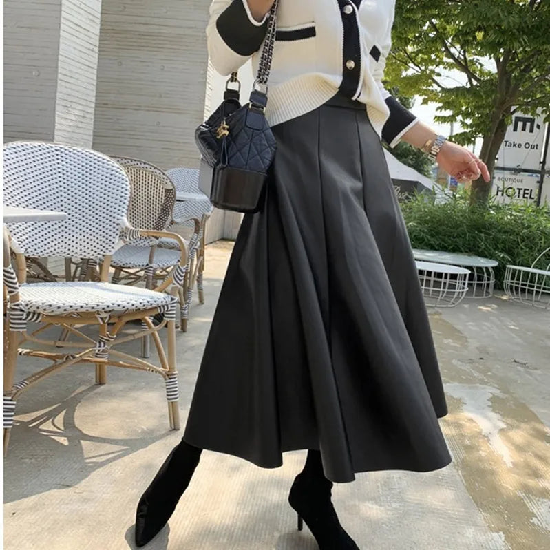 Neophil Chic Ladies Latex Flare Black Skirts Vintage Pu Faux Leather Ball Gown Long Skirt Thick Party A-Line Swing Faldas S21836