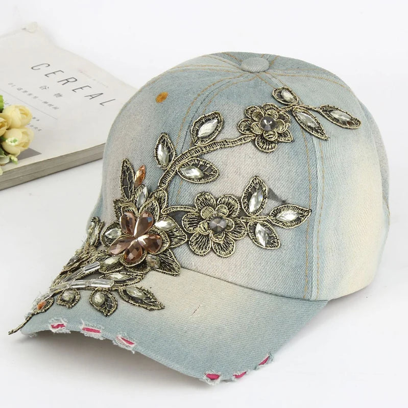 Baseball Cap With Flower Canvas Snapback Caps For Women Female Cap Hat Rhinestone Denim Cap 3 XXL >8Y