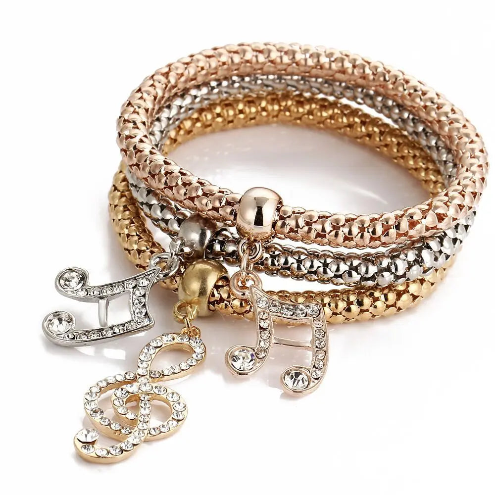 3Colors/Lot Tree Of Life Elastic Bracelet Set For Women Crystal Owl Key Lock Music Note Butterfly Heart Charm Bangle Jewelry Music note