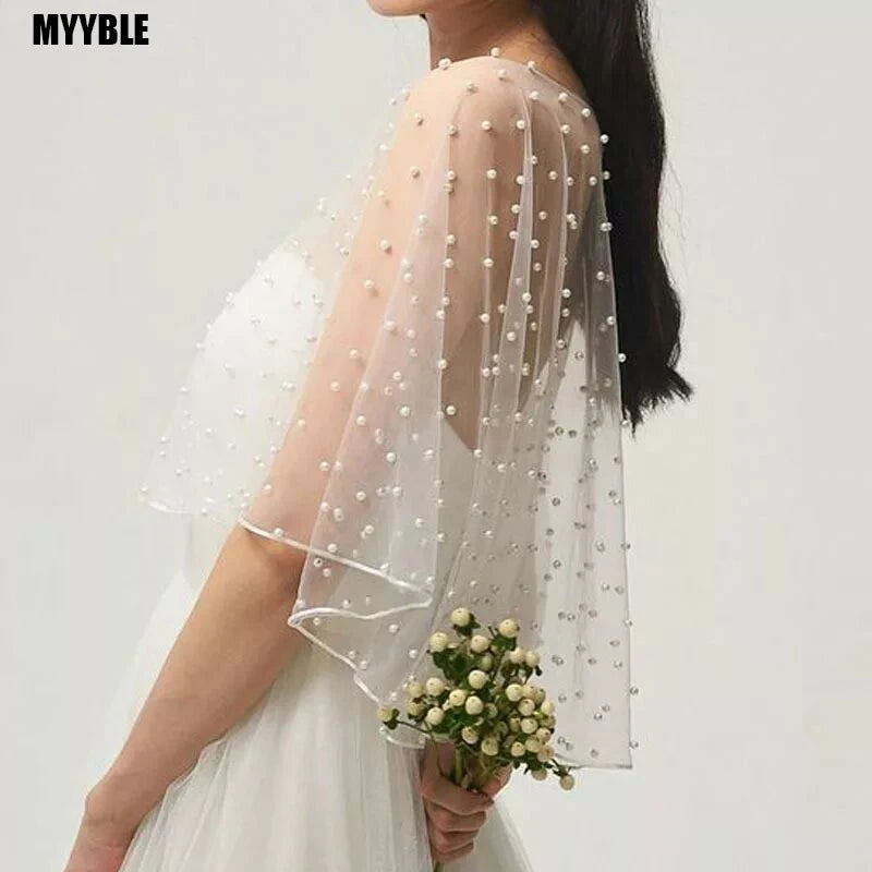 Wedding Accessories Bolero Bridal Cloak Pearls Wedding Cape short front long back Women Wrap Cape Evening Wrap Shawl Ivory