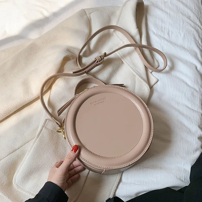 Round Leather Crossbody Bags For Women Luxury Handbags Women Bags Designer Shoulder Bag Female Retro Clutch Purses Khaki 20.5cmx20.5cmx8cm