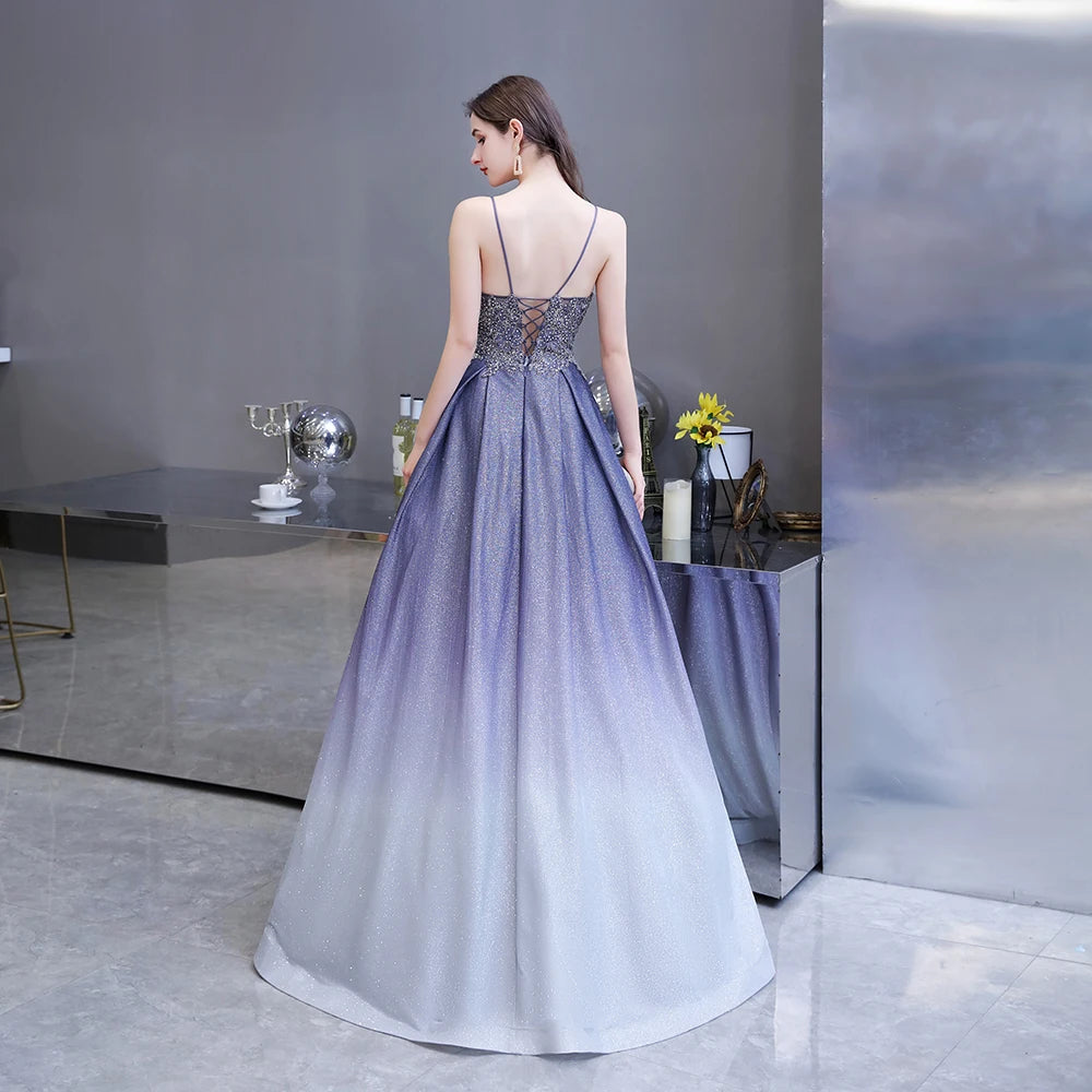 Prom Dresses Long with Pockets Sexy Spaghetti Straps Ombre Glitter Appliqued Beaded Formal Party Dress Vestido de Festa