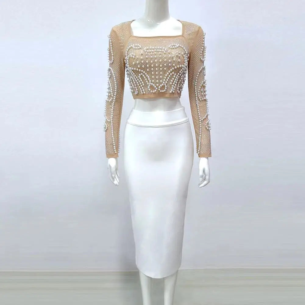 Women Autumn Sexy Diamonds Beading Mesh Crystal Long Sleeve Two Pieces Rayon Bandage Sets Ladies White Designer High Street Sets
