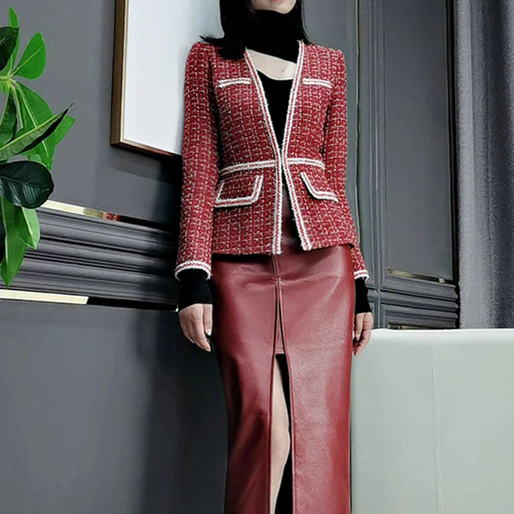 Lautaro Long Soft Faux leather pencil skirt women with front slit pockets High waisted midi skirts for women wine red skirt