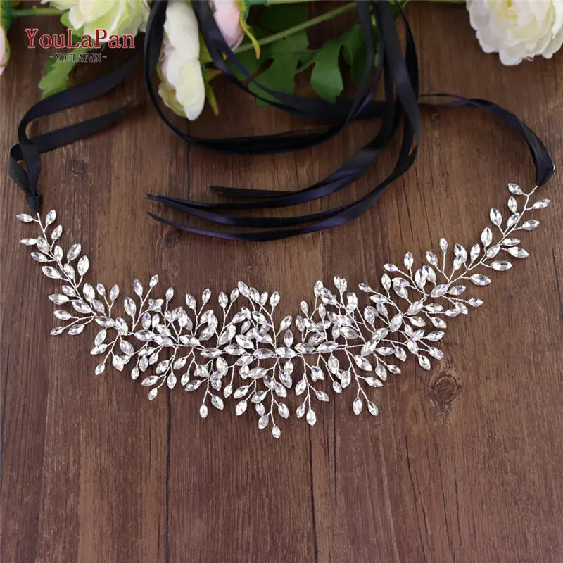 YouLaPan Fast Shipping Wedding Dress Belt Bridal's Belt Rhinestone Belt Wedding Bridal Sash Belt Silver Crystal Belt SH237 Black ribbon