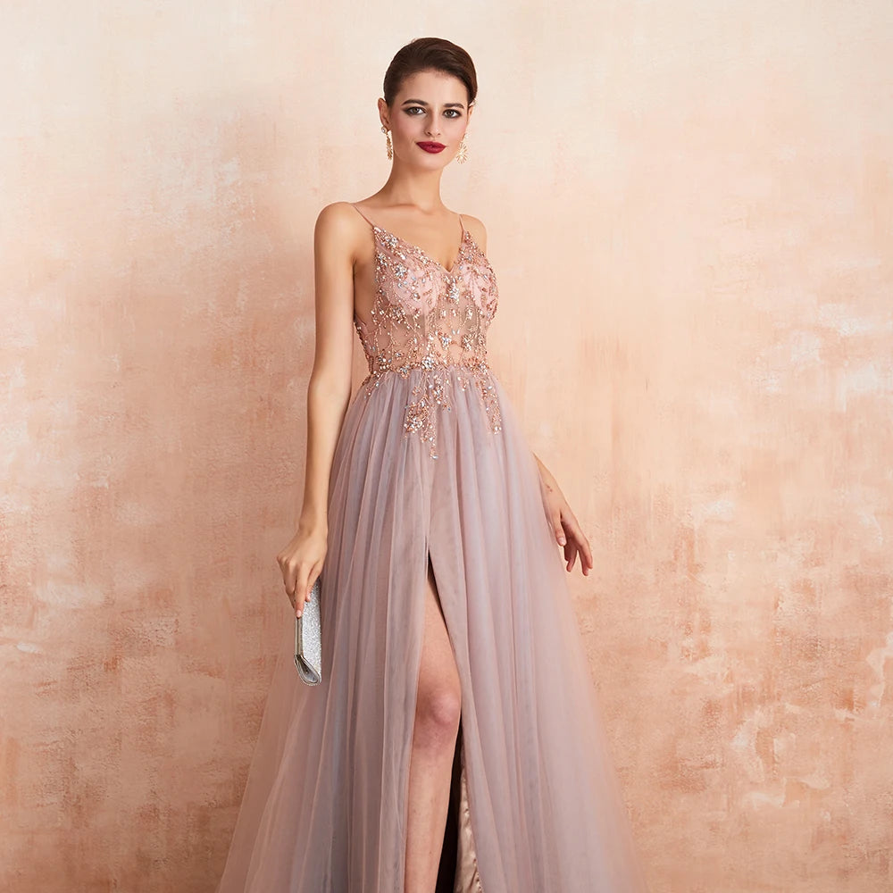 Sexy Spaghetti Straps Evening Dresses V-Neck Rhinestones Beading Formal Prom Gowns with Slit robe de soiree
