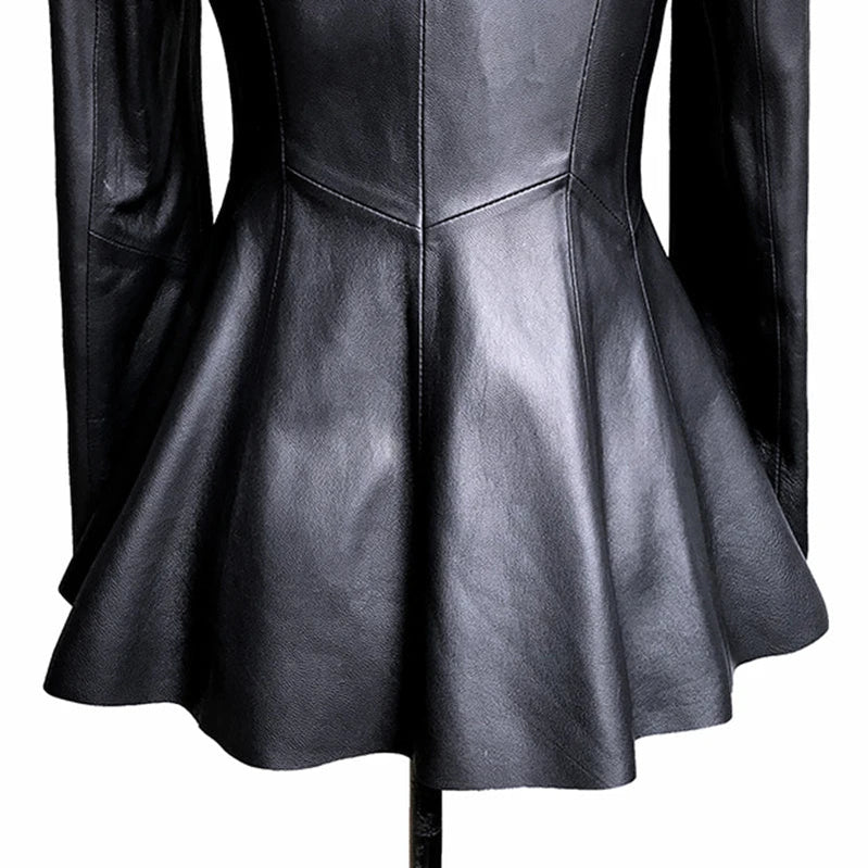 Autumn Black Slim Soft Pu Leather Jacket Women Deep V Neck Long Puff Sleeve Elegant Luxury Skirted Blazer Fashion 2021