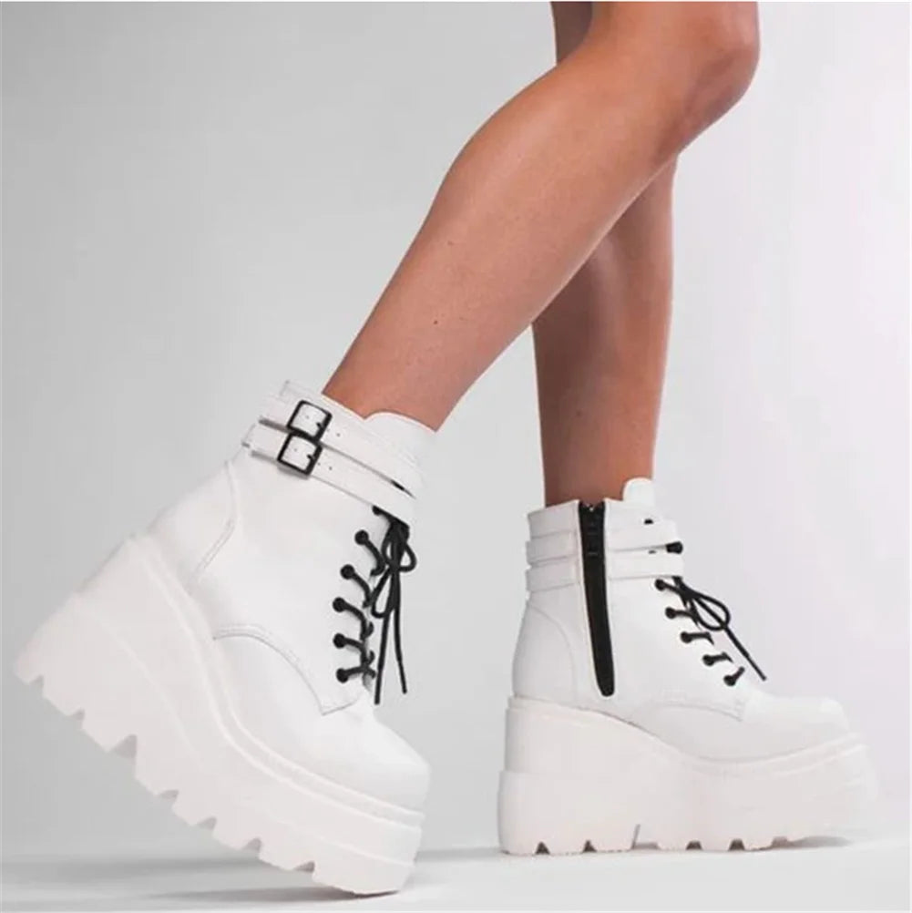 Big Sizes 43 Platform High Heels Cosplay Fashionable Autumn Winter Wedges Shoes Ankle Boots Women Booties PU White Style 1