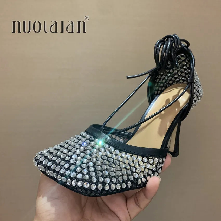 Fashion Green Rhinestone Women Pumps Sandals Female Square Toe high heels Lace Up Cross-tied Stiletto hollow Party Shoes Woman DCT-SZX black