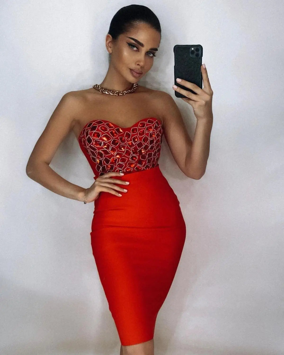 Red Mantual Beading Two Pieces Set Rayon Bandage Elegant Club Party Dress