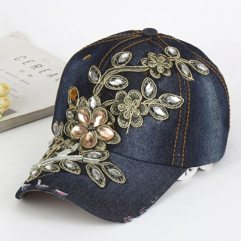 Baseball Cap With Flower Canvas Snapback Caps For Women Female Cap Hat Rhinestone Denim Cap 2 XXL >8Y