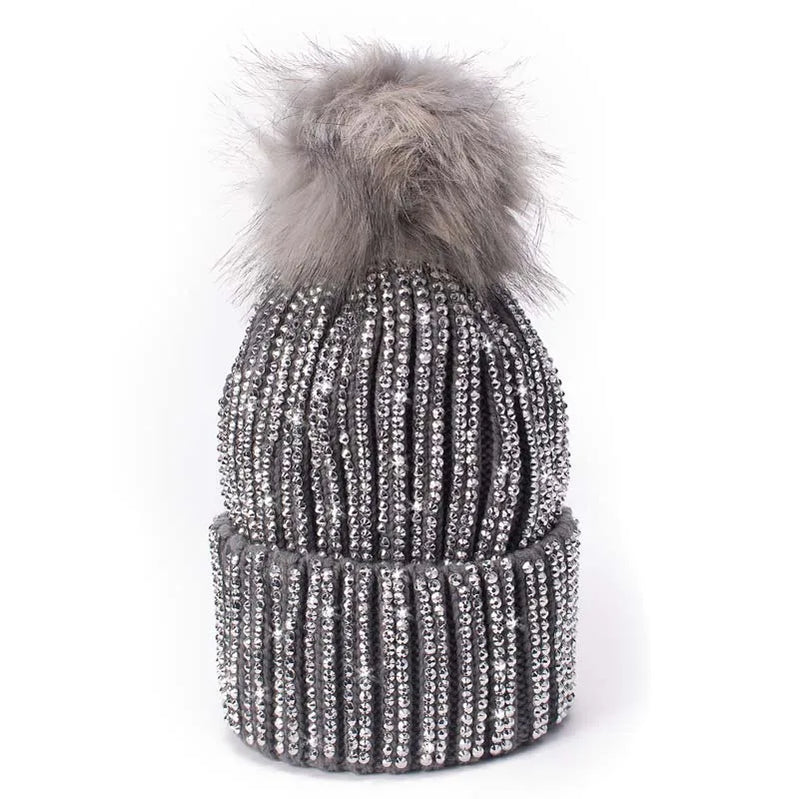 Winter Hats Faux Fur Pom Pom Rhinestone Bling Style Women Beanies Warm Knitted Skull Cap Gray