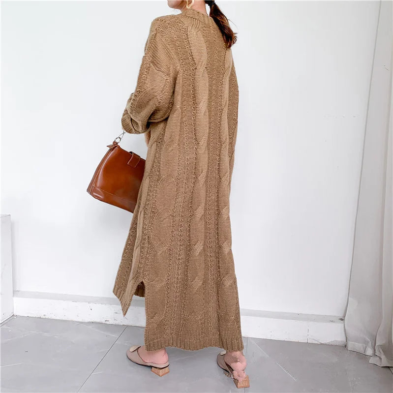 Mohair Oversize Thick Autumn Winter Sweater Dress Women 2020 Side Slit Vintage Twist Pattern Low High Design Knitted Long Dress camel One Size