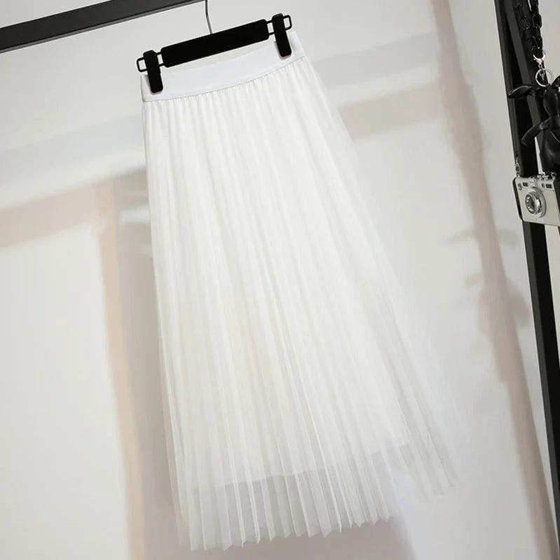 Women's Tulle Plain Pleated Skirt 2019 New Fashion Black Beige White Pink Grey Mesh Midi Skirt High Waist Woman Skirts 3 Layers
