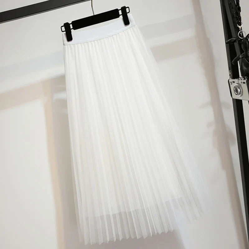 Women's Tulle Plain Pleated Skirt 2019 New Fashion Black Beige White Pink Grey Mesh Midi Skirt High Waist Woman Skirts 3 Layers