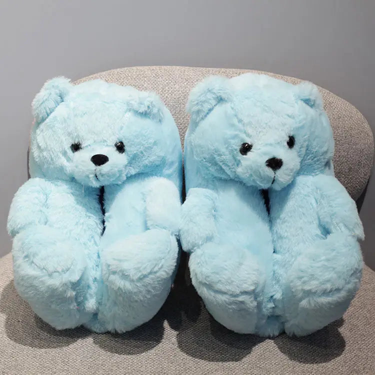 Multi-colors Cute Bear Fur Slippers Women Girls Warm Animal Slipper Female Indoor House Shoes Casual Soft Woman Fur Flipflops Light blue